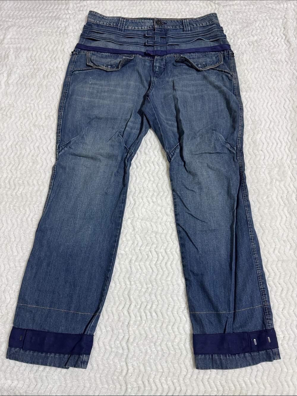Marithe Francois Girbaud Men’s Bootcut Jeans in Denim Blue with Dark Blue Trim